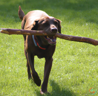 A dog holding a stick in its mouth