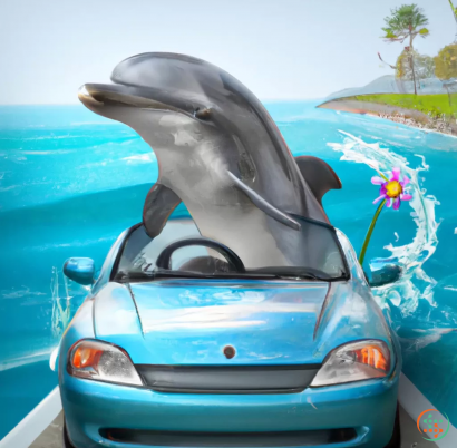 A dolphin on the hood of a car