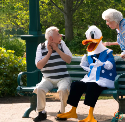 A man and a woman sitting on a bench with a person in a garment