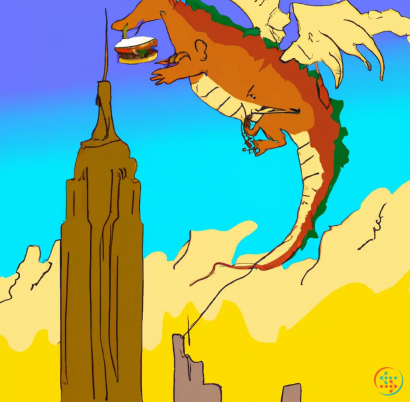 Map - dragon eating a hamburger flying over the empire state building in the style of dali