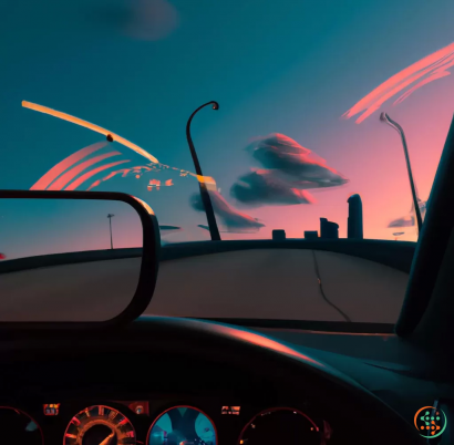 A car dashboard with a sunset