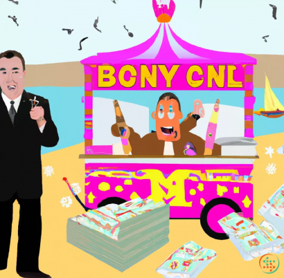 Calendar - Duncan Bannatyne selling ice-cream cones and holding a gun. An burning ice-cream van is beside him, with money everywhere