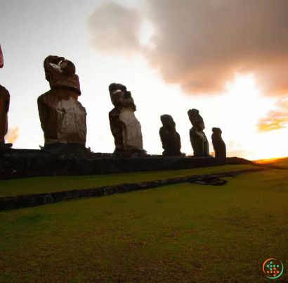 A group of statues on a grassy hill with a sunset in the background