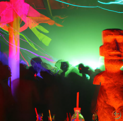 A group of people in a dark room with a stage and a crowd