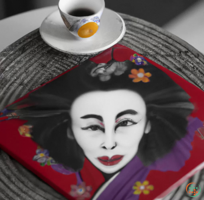 A woman's face on a plate with a cup of coffee