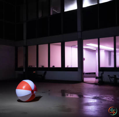 A red ball in a room with windows
