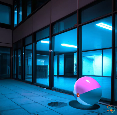 A pink and white ball in front of a building