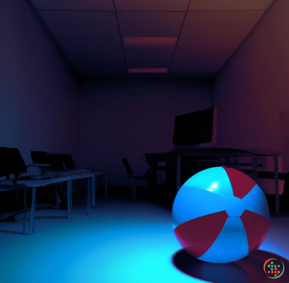 A room with a blue ball in it and a red ball in the middle