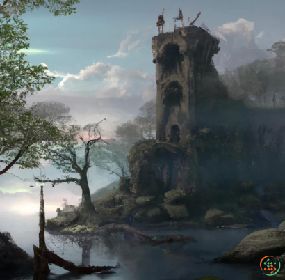A painting of a castle on a cliff with trees and water below