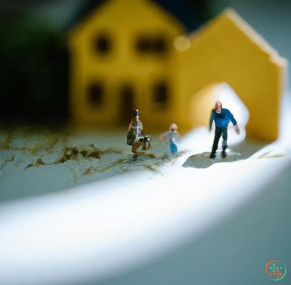 A group of people walking towards a yellow house