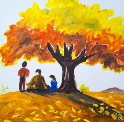 A group of kids sitting under a tree with a large red and yellow tree in the background