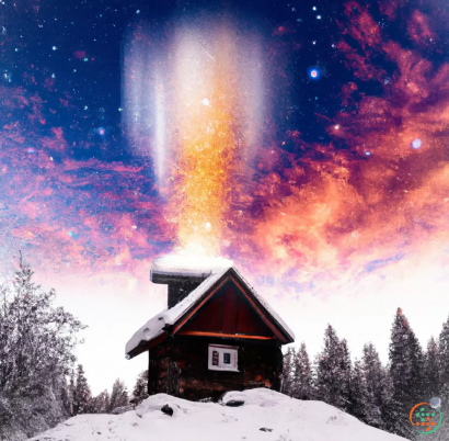 A house with a bright light in the sky above it