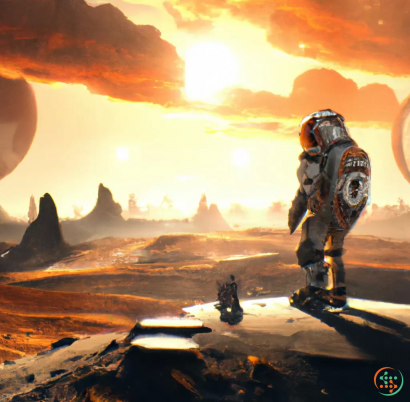 A man in a space suit standing on a rocky surface with a sunset