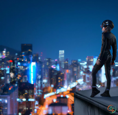 A man standing on a ledge overlooking a city at night