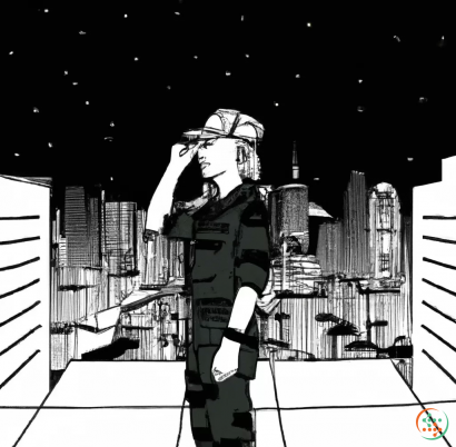 Diagram - Female Soldier standing on the rooftop of skyscraper with city night view black and white outline only