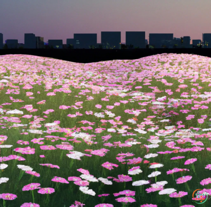 A field of flowers with a city in the background