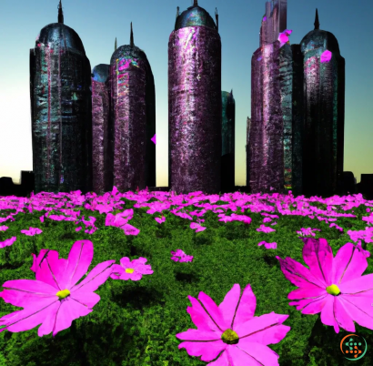 A group of tall buildings with purple flowers in front of them