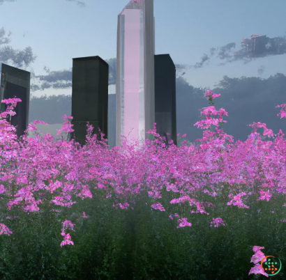 A tall stone monument behind purple flowers