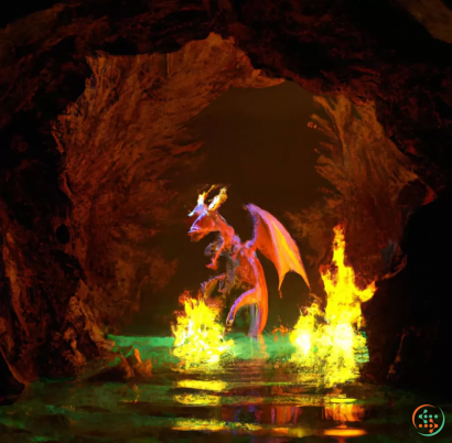 A dragon with wings and wings on a rock in a cave