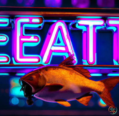 A fish in front of a sign