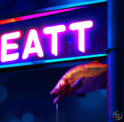 A red fish in front of a sign