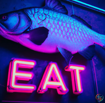 Text - FISH IN FRONT OF EAT SIGN, Cyberpunk