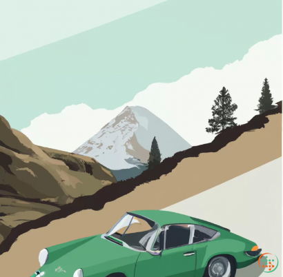 A green car parked in front of a snowy mountain