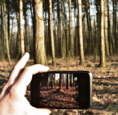 A hand holding a phone in a forest