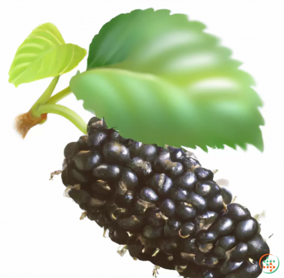 A black berry with green leaves