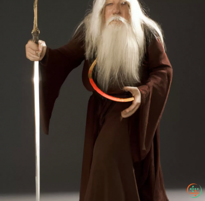 A person with long white hair and a long beard holding a sword