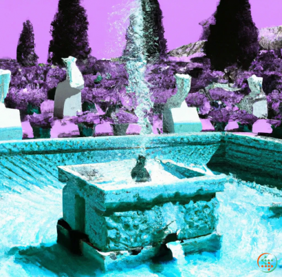 A fountain with purple lights