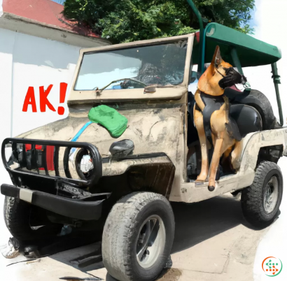 A dog sitting in the back of a truck