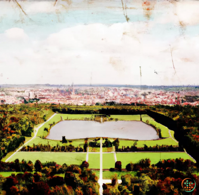 A large green field with a large white dome and a crowd of people