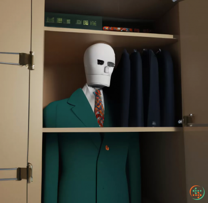 A mannequin wearing a suit and tie