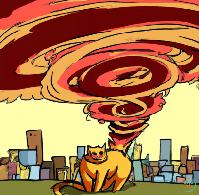 Logo - Giant cat summoning a magical fire tornado over a city