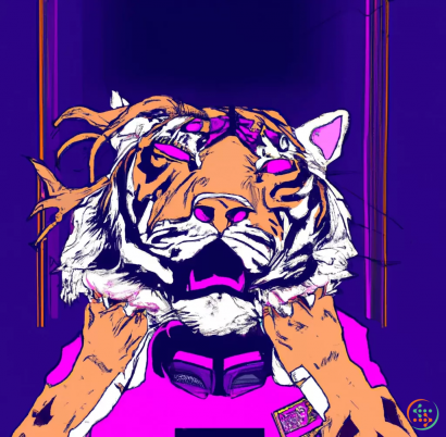 A tiger with a red and blue background