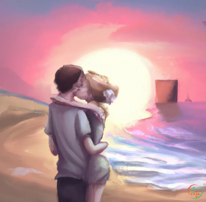 A man and woman kissing in front of a sunset