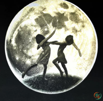 A man and woman holding hands in front of the moon