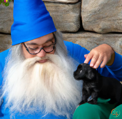 A man in a blue hat holding a black puppy