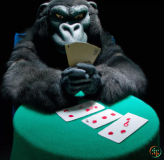 A gorilla holding a card