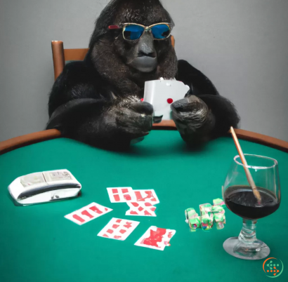 A monkey wearing sunglasses and sitting at a table with a drink