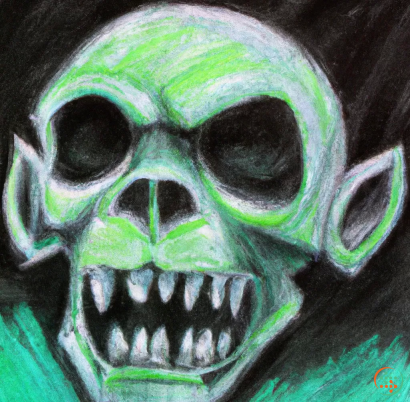 A skull with a green face