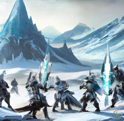 A group of people in armor with flags in front of mountains
