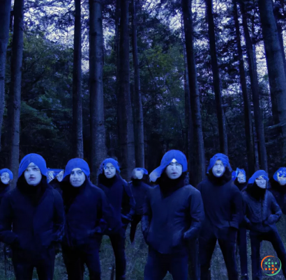 A group of people in blue raincoats standing in the woods