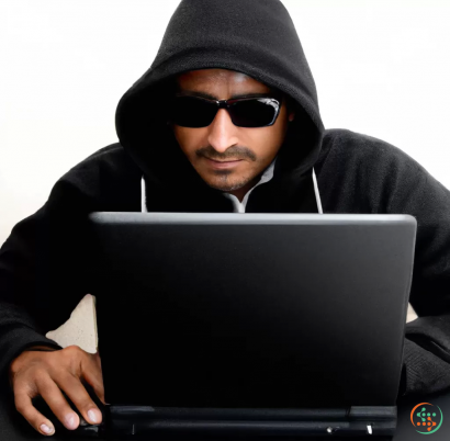 A person wearing a hoodie and sunglasses holding a laptop