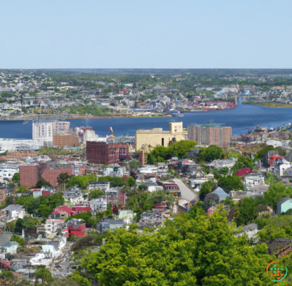 A city with many buildings and trees