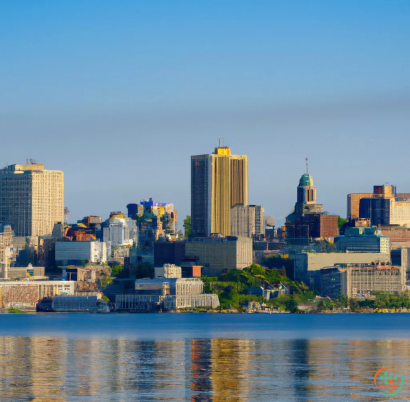 A city skyline with a body of water in the foreground