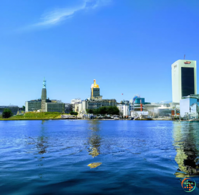 A body of water with buildings in the background