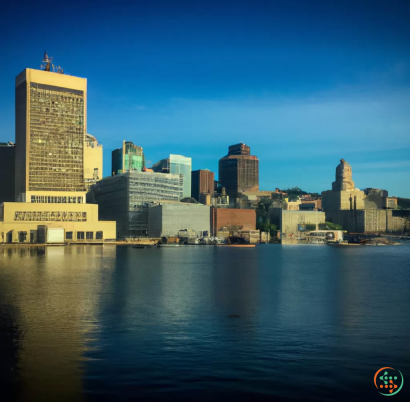 A city skyline with a body of water in the foreground