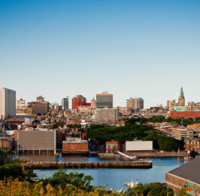 A city with a body of water in the foreground